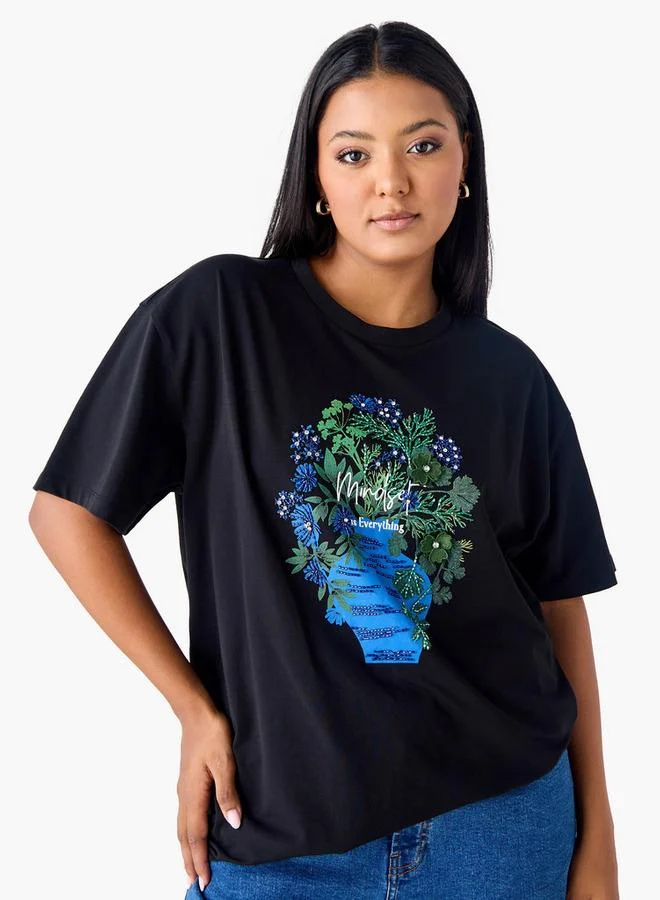 Ulla Popken Plus Size Ulla Popken Embellished Floral T-Shirt with Crew Neck